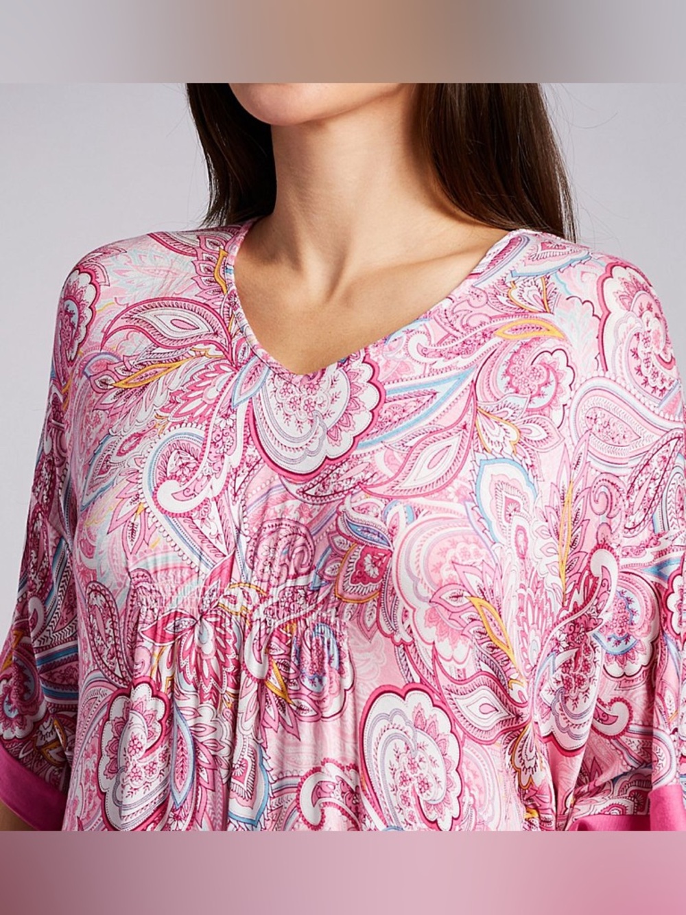 Ellen Tracy Pink Paisley Maxi Caftan Soft & Stretchy with Side Pockets Like New - Picture 3 of 16